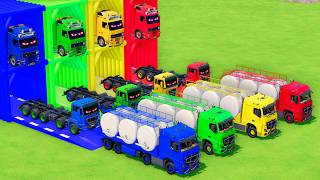 Quadruple Trucks Transporting cars with Flatbed Trailers! Cars vs Speedbump vs Train vs Pothole #236 screenshot 1