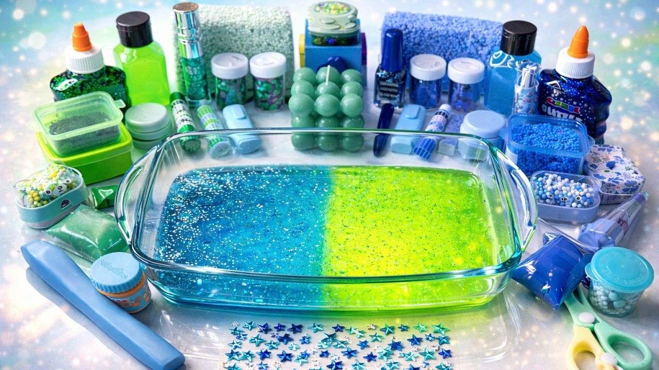 BLUE and GREEN ! Mixing Random into GLOSSY Slime ! Satisfying Slime Video !