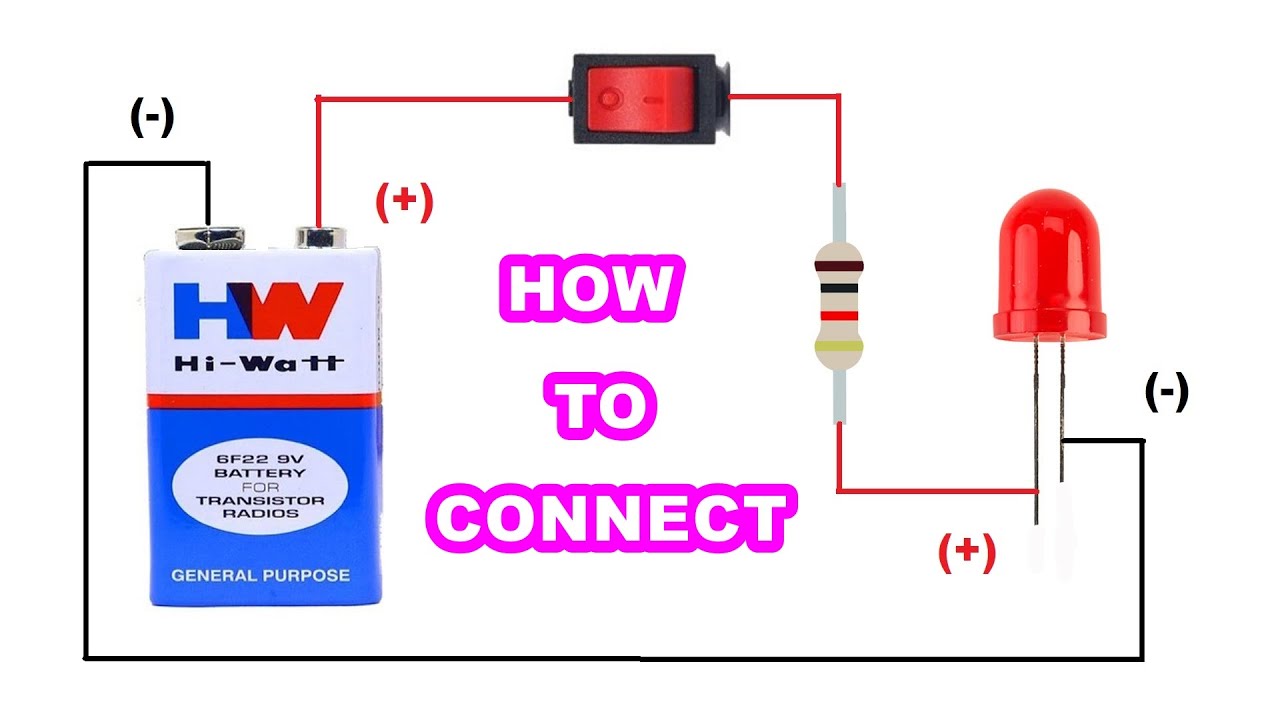 How to Connect Single LED to 9V Battery with Resistor & ON/OFF Switch