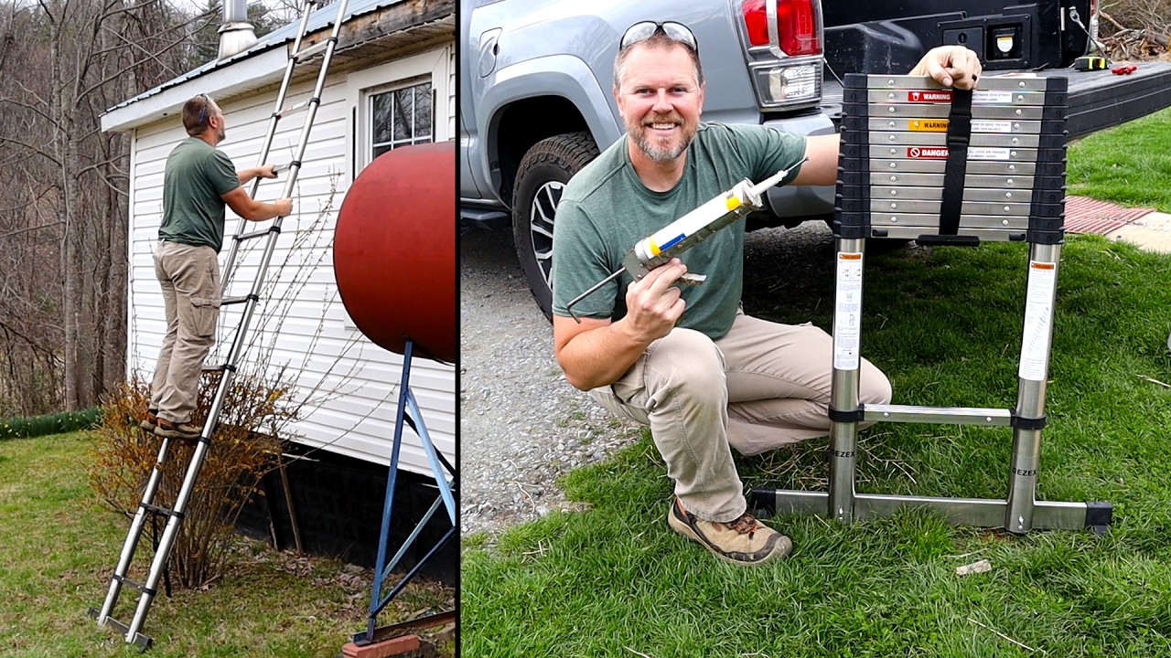 Repairing the Farm House roof and flashing with the Dezex ladder