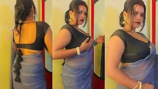 Back Pose Saree Draping Style Posing in Graceful Black Blouse with Shimmer Grey Saree Glamorous screenshot 1