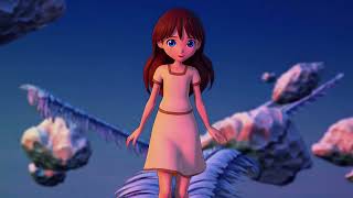Cartoon Girl with Brown Hair Walking on a Feather | Dreamy Animation