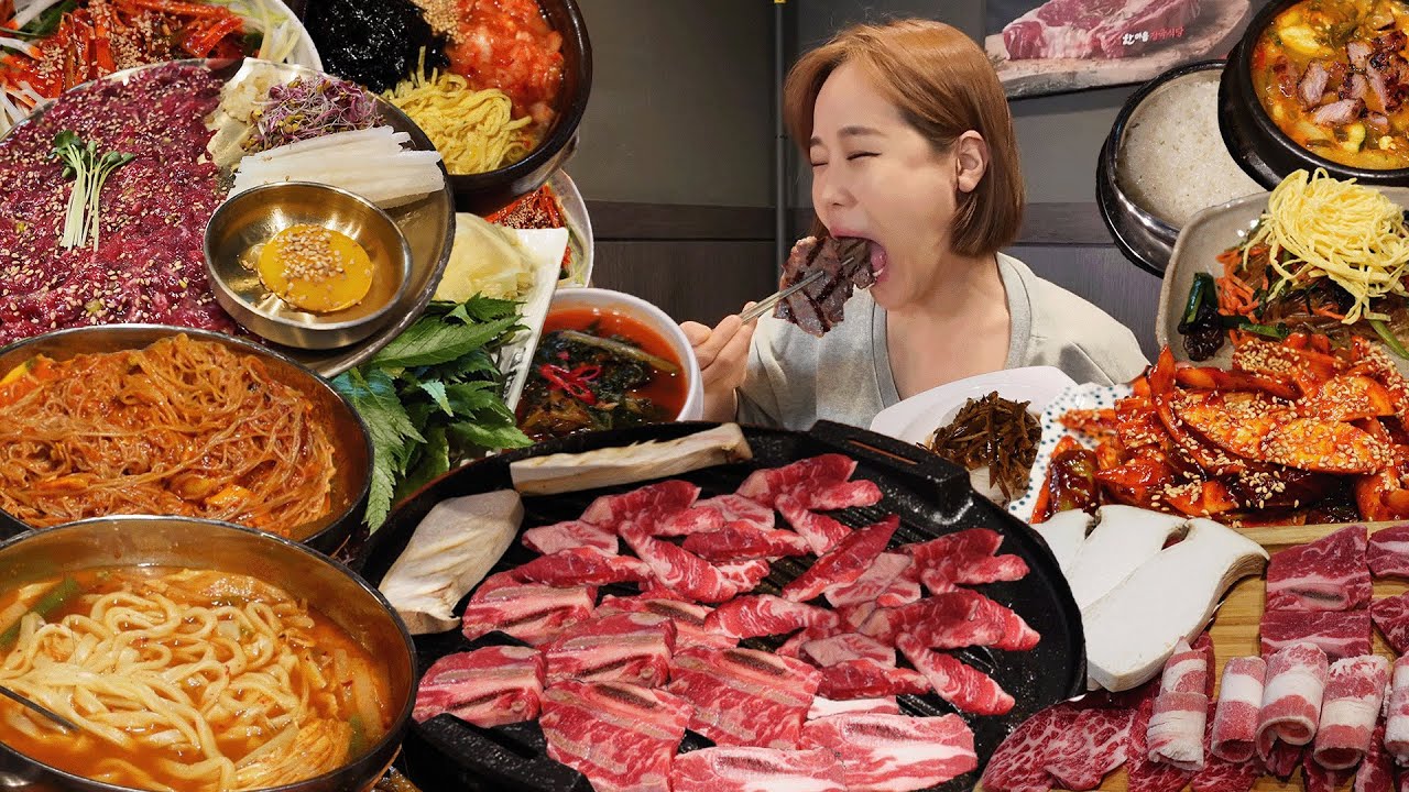 титр) Pork belly Beef 1.8kg Raw beef BBQ Spicy kimchi noodles Shirimp noodles Hot pot real mukbang