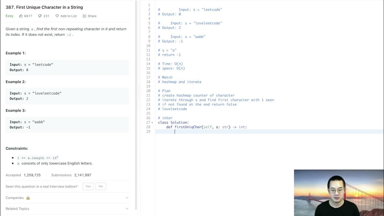 UMPIRE Algorithms: First Unique Character in a String - YouTube