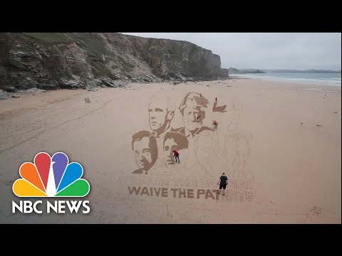 Activists Sketch G7 Leaders In Sand To Waive Rights On Vaccines.