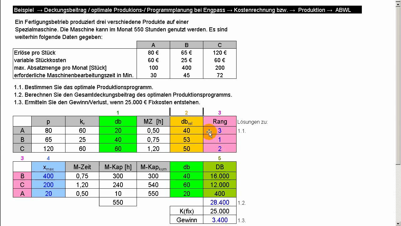 Optimales Produktionsprogramm, Engpassrechnung inkl. Umrüstzeiten, Engpass, Schritt 1 (FOS / BOS)