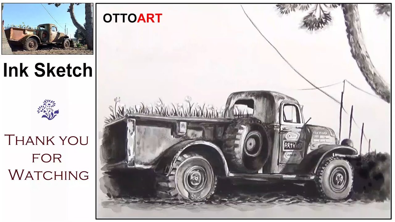 Ink Sketch - How to draw an old truck with a brush.＃11 - Otto Art - YouTube