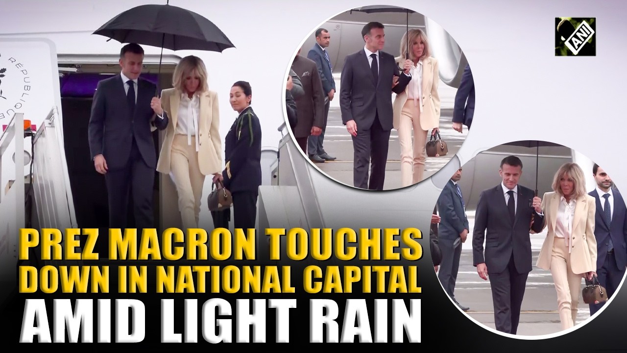 Prez Macron braves light rain as he lands in National Capital, set to attend AI Summit 2026