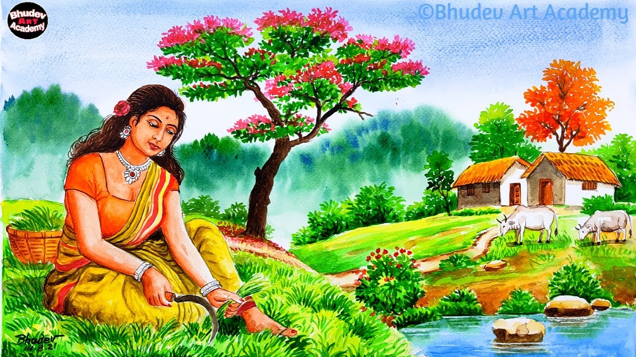 Beautiful Indian Village Scenery Painting|Indian Village Women ...