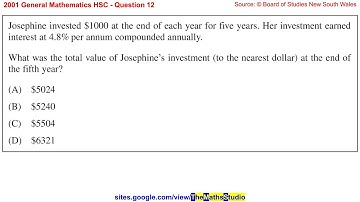 2001 General Maths HSC Q12 How to find future value (FV) of an annuity using recurrence relations