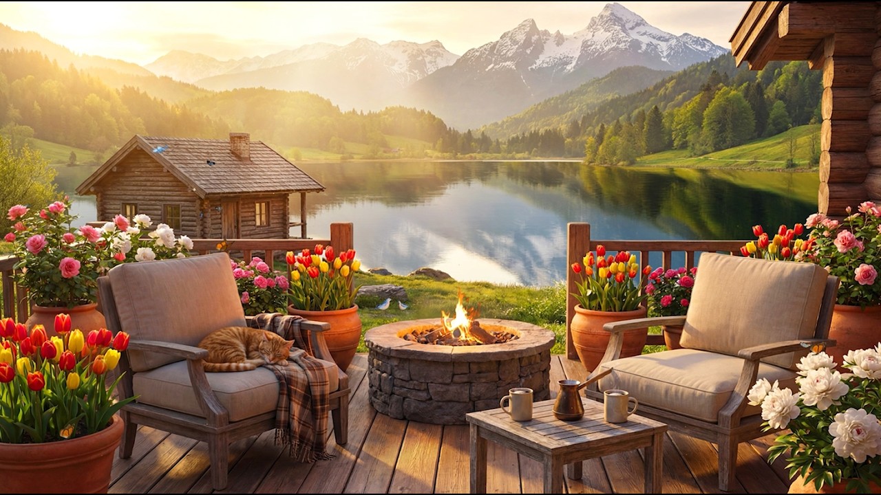 LIVE 🔴 Peaceful Lake Cabin Fire Pit | Cozy Spring Morning Ambience 24/7