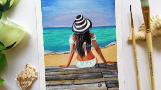 A girl on the seabeach acrylic painting/ lady in a hat/ how to paint a girl on beach