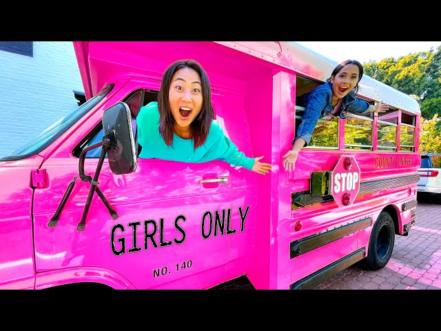 We Built A MOBILE Girls Lounge in a SCHOOL BUS!! class=