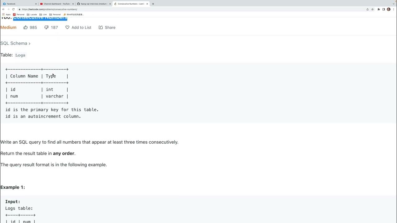 Consecutive Numbers leetcode SQL - YouTube