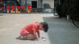 Painful punishment: Young Girl Kneels on Pavement on Hot Summer Day