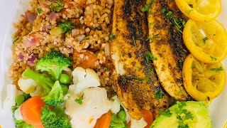Sea Bass Pan Frying Fish With Cauliflower Rice & Caribbean Fusion Seasoning Master Roasting Grills