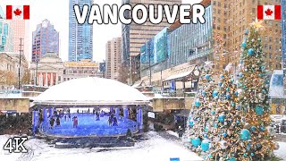 【4K】❄❄❄ Snowfall in Downtown Vancouver. BC. Canada.  Walking in the Snow.