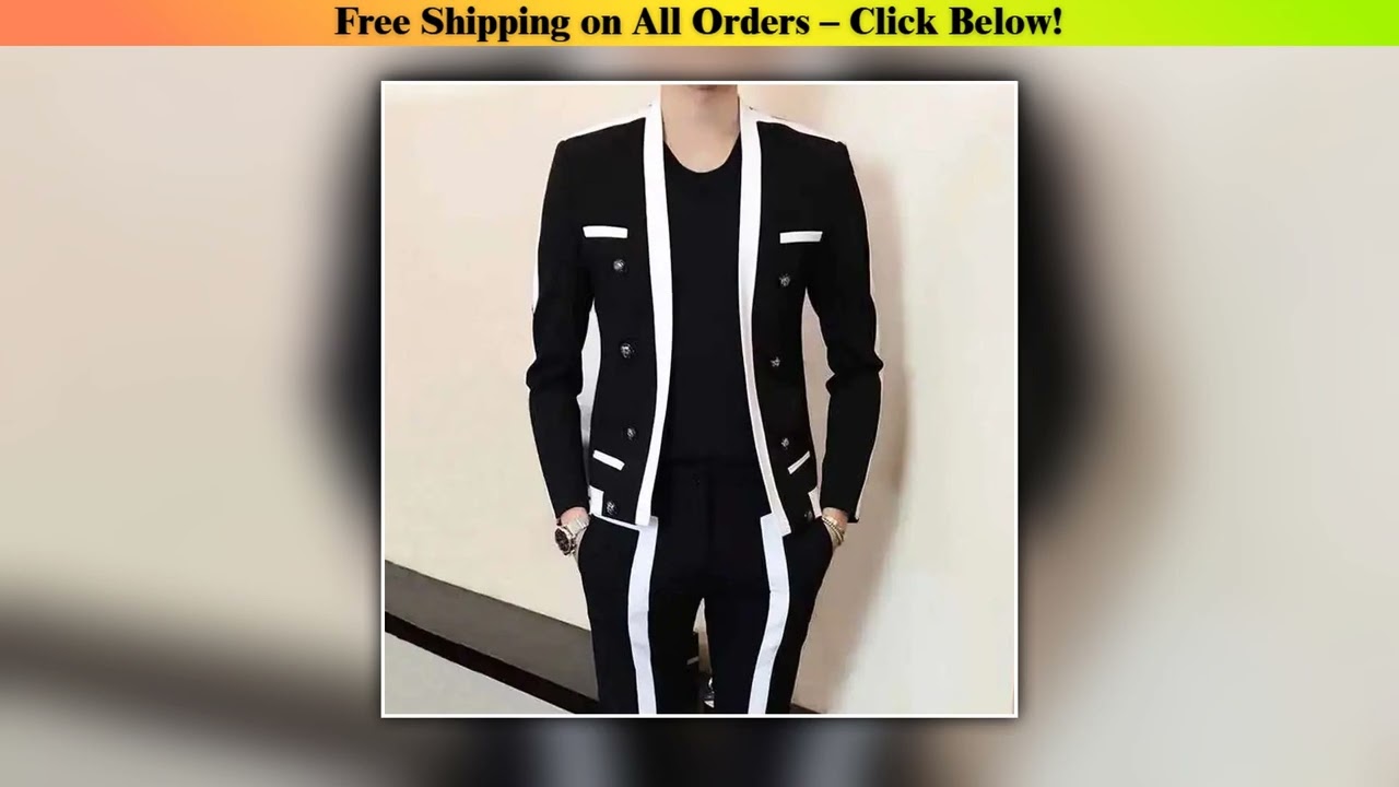 Contrast Stripe Blalck White Suit Male Wedding Groom Suit 2019 Autumn Winter Disguised Men Slim