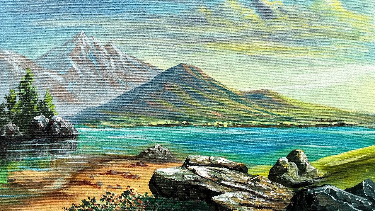 Mountain And Lake Painting Beautiful Acrylic Landscape Painting