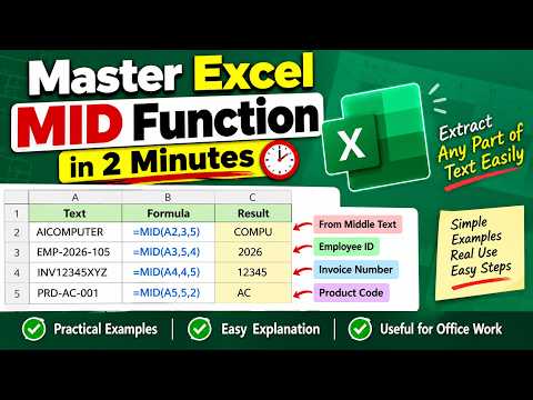 Master Excel MID Function in 2 Minutes | Extract Any Part of Text Easily