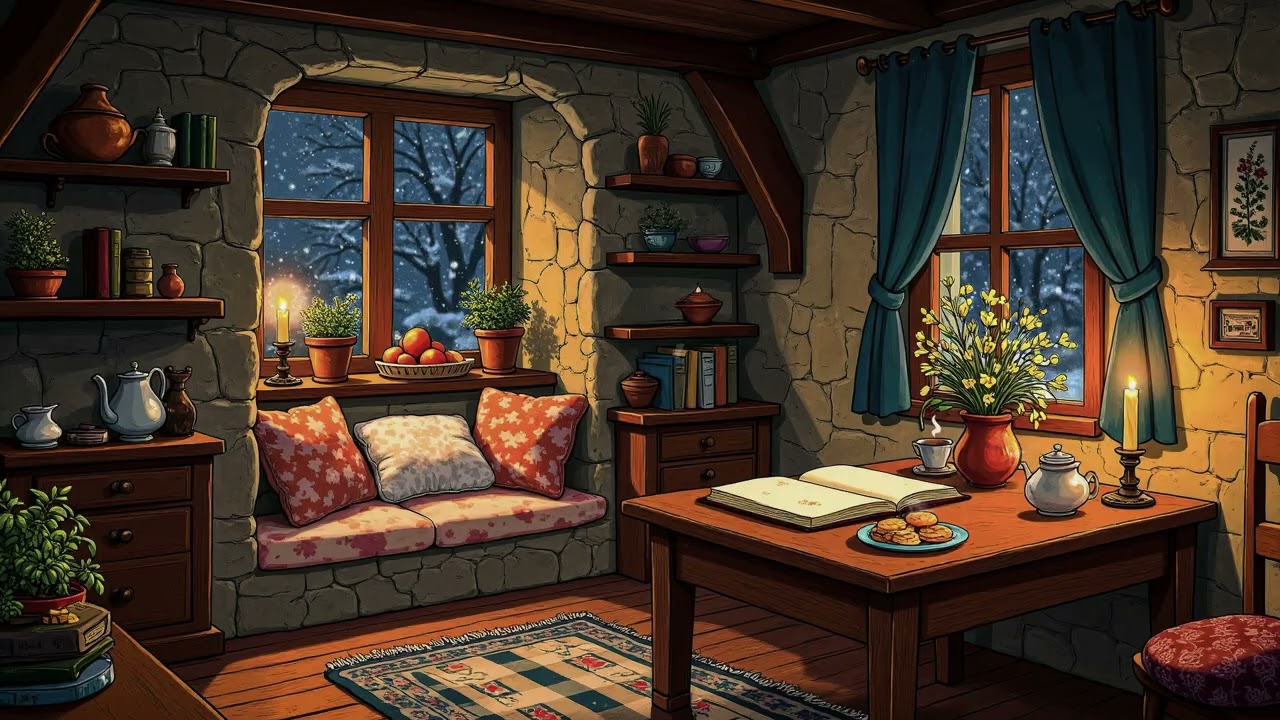 Rainy Winter Night in a Cozy Stone Cottage 🕯️ Oldies Playing in Another Room | Relax Ambience