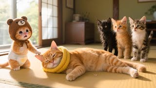 Mama Cat Trims Fur On The Farm And Makes Tiger Hat For Kittens At Home
