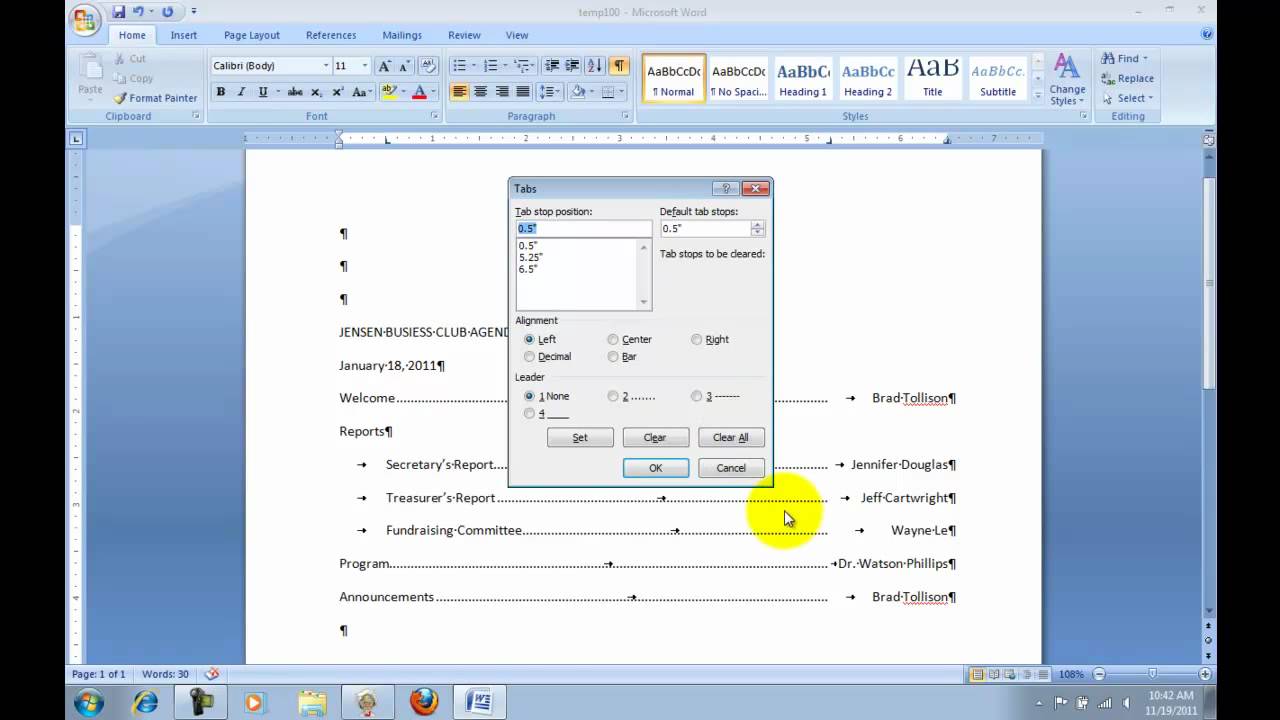 setting tabs in word 2007