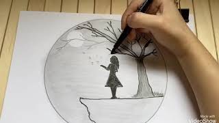 Drawing picture of girl with moon رسم