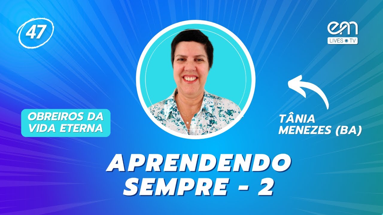 🌟 Produção Exclusiva EM Lives TV – Espiritismo e Mediunidade.

➡️ Série: Obreiros da vida eterna — Capítulo 15: Aprendendo sempre (Parte 2).
📖 Livro de autoria espiritual de André Luiz e psicografia de Chico Xavier.

📅 Data: 28/06/2026 (domingo) | 🕕 Horário: 18h.
🎙️ Exposição: Tânia Menezes (BA).

🌟  Tânia Menezes é enfermeira, doutora em enfermagem, expositora espírita, coordenadora da evangelização infantil e do Projeto Manoel Philomeno de Miranda do Centro Espírita Caminho da Redenção e dirigente de reunião mediúnica.

🌟 "Obreiros da Vida Eterna" é uma obra profunda e esclarecedora que nos convida a compreender o papel dos espíritos trabalhadores que atuam na preparação, assistência e condução das almas no momento do desencarne.
Narrado pelo espírito André Luiz e psicografado por Chico Xavier, o livro apresenta experiências reais vividas por equipes espirituais da Colônia “Nosso Lar”, especialmente sob a liderança do instrutor Druso, revelando a grandiosidade do trabalho do bem nos bastidores da morte física.

▶️  Veja a playlist completa:
https://www.youtube.com/playlist?list=PL6S9KEn3CGmXYCWvXOUwsb9ddJ5yBiJTY

▶️ Inscreva-se no nosso canal:
YouTube - https://www.youtube.com/espiritismoemediunidade

🔹 Produção: EM Lives TV – Espiritismo e Mediunidade
🔹 Realização: EM Digital – Espiritismo e Mediunidade

🌐 Acesse as nossas mídias sociais:

🔹 Site – https://emlives.tv
🔹 YouTube – https://www.youtube.com/espiritismoemediunidade
🔹 Facebook – https://www.facebook.com/espiritismoemediunidade
🔹 Instagram – https://www.instagram.com/espiritismo.mediunidade
🔹 TikTok – https://www.tiktok.com/@espiritismoemediunidade
🔹 Kwai – https://kwai.com/@Emlivestv
🔹 X – https://x.com/EMediunidade

#espiritismoemediunidade #emlivestv #obreirosdavidaeterna #nossolar3 #emdigital #andreluiz #chicoxavier #espiritismo #allankardec #doutrinaespirita #avidanomundoespiritual #estudoespirita #assistencia #taniamenezes