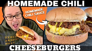 Chili Cheeseburgers on the Griddle (with Homemade Chili Sauce)