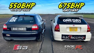 STREET SAVAGES.. AWD 675HP EK9 CIVIC vs 550HP AUDI S3 ON NOS