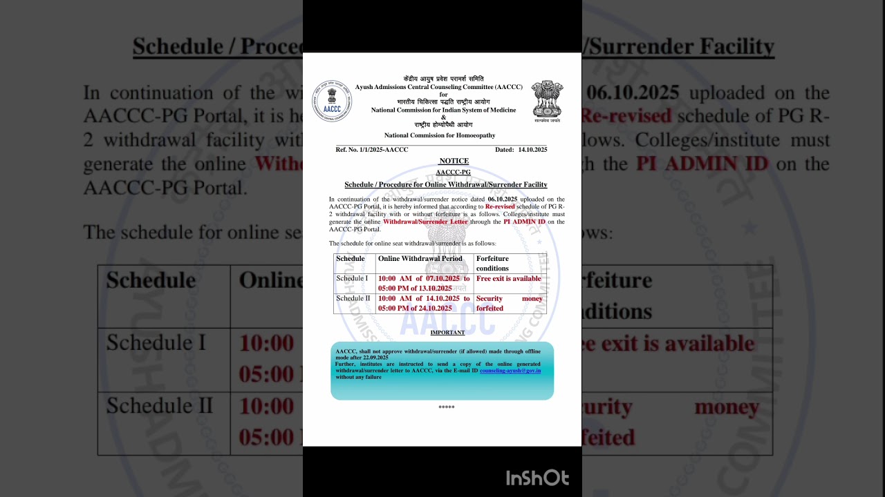 AACCC PG 2nd round Counselling  2025 Schedule Procedure for withdrawal|