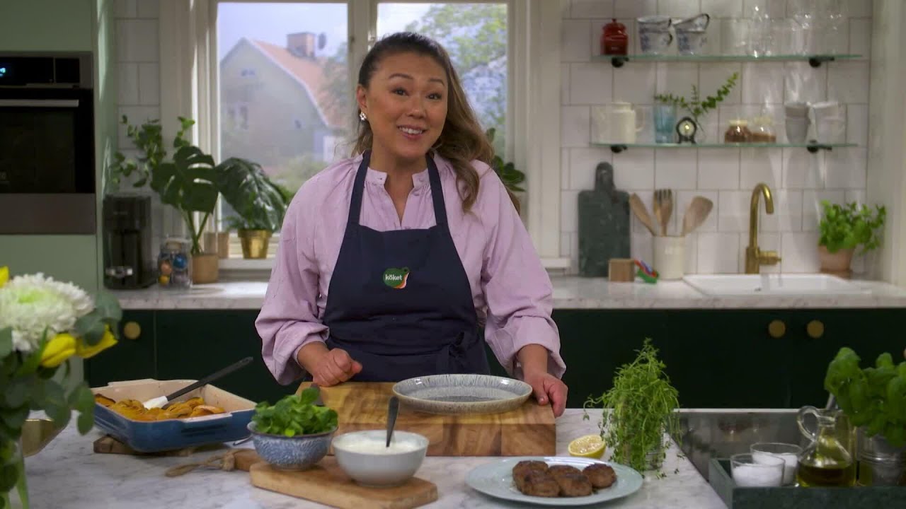 Kökets middag: Hasselbackare på sötpotatis med färsbiffar - Köket