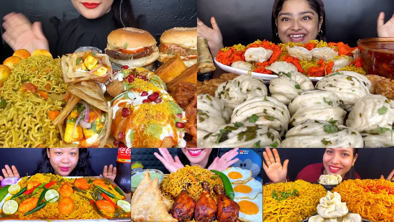 Asmr:Eating Spicy Masala Maggi,Chicken Momo,Paneer Roll,Burger,Samosa,Grill Chicken,Egg🔥