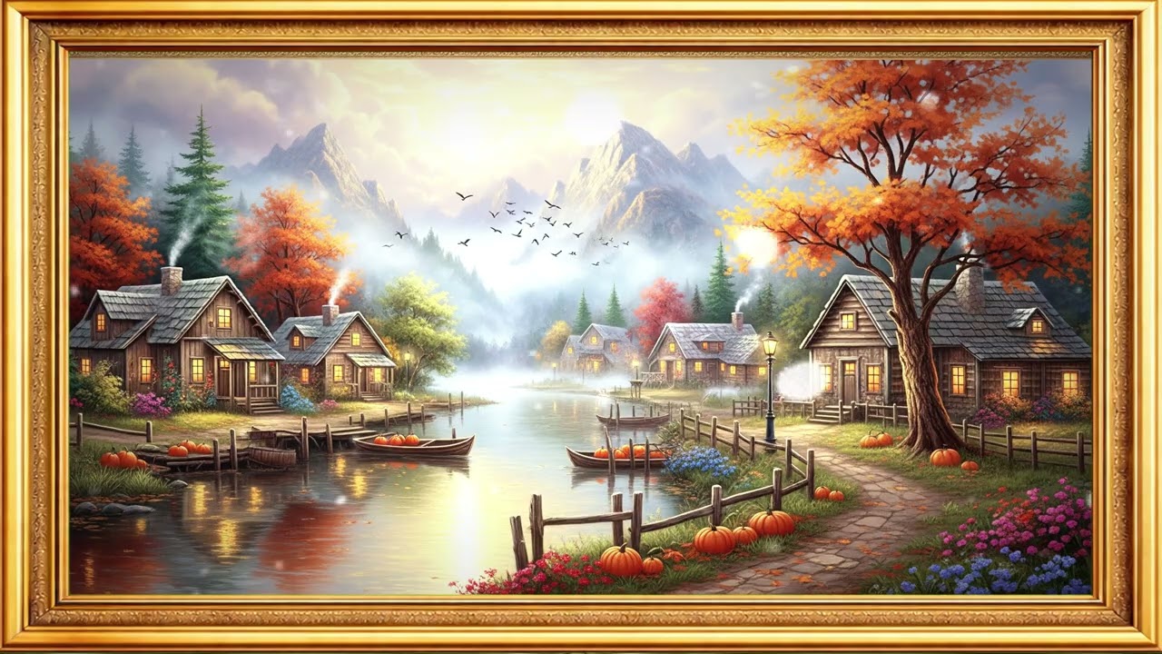 Autumn Lake Village with Mountains  4K Luminous Landscape Art for TV Frame  Fall Serenity