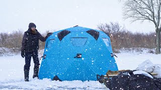 Winter Camping In Inflatable Cabin | Snow Storm + Ice Fishing