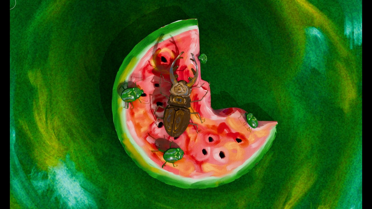 Blenderタイムラプス】水彩風スイカとカブトムシ。日本の夏の風景を