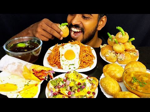 Eating Indian Street Food Pani puri/golgappe Papri chaat Kachori Noodles Egg Roll eating video ASMR