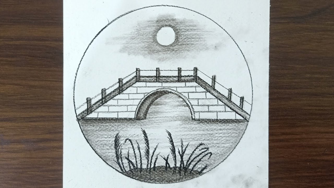 How to draw beautiful landscape scenery | bridge drawing easy | pencil ...