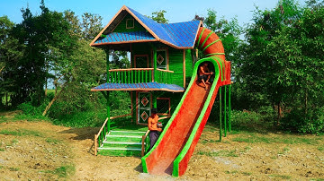 🏡 Amazing Bamboo House With Giant Slide – Full Build 🛝