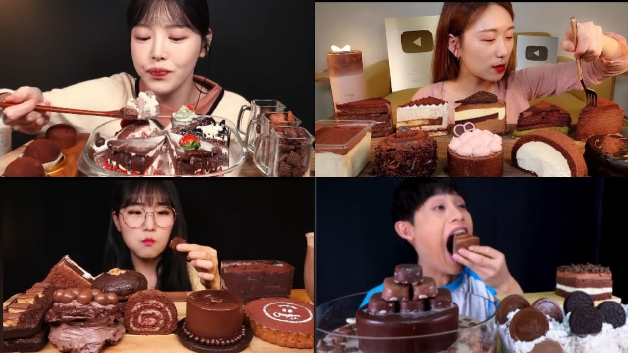 Mukbang Eating: lots of sweet chocolate cake, ice cream, cheese cake # ...