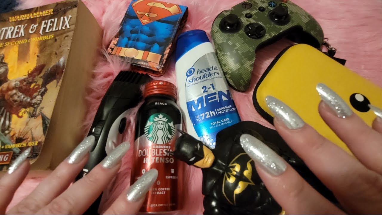 #ASMR Tapping on my Partner's stuff !  ( Long Nails )  & Whispering