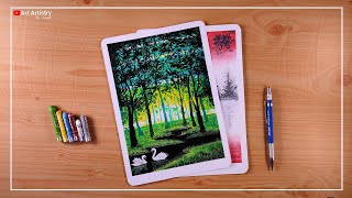 Easy Oil Pastels Drawing | Swan Rain Forest & Lake Scenery - Set of 2 - Art Artistry