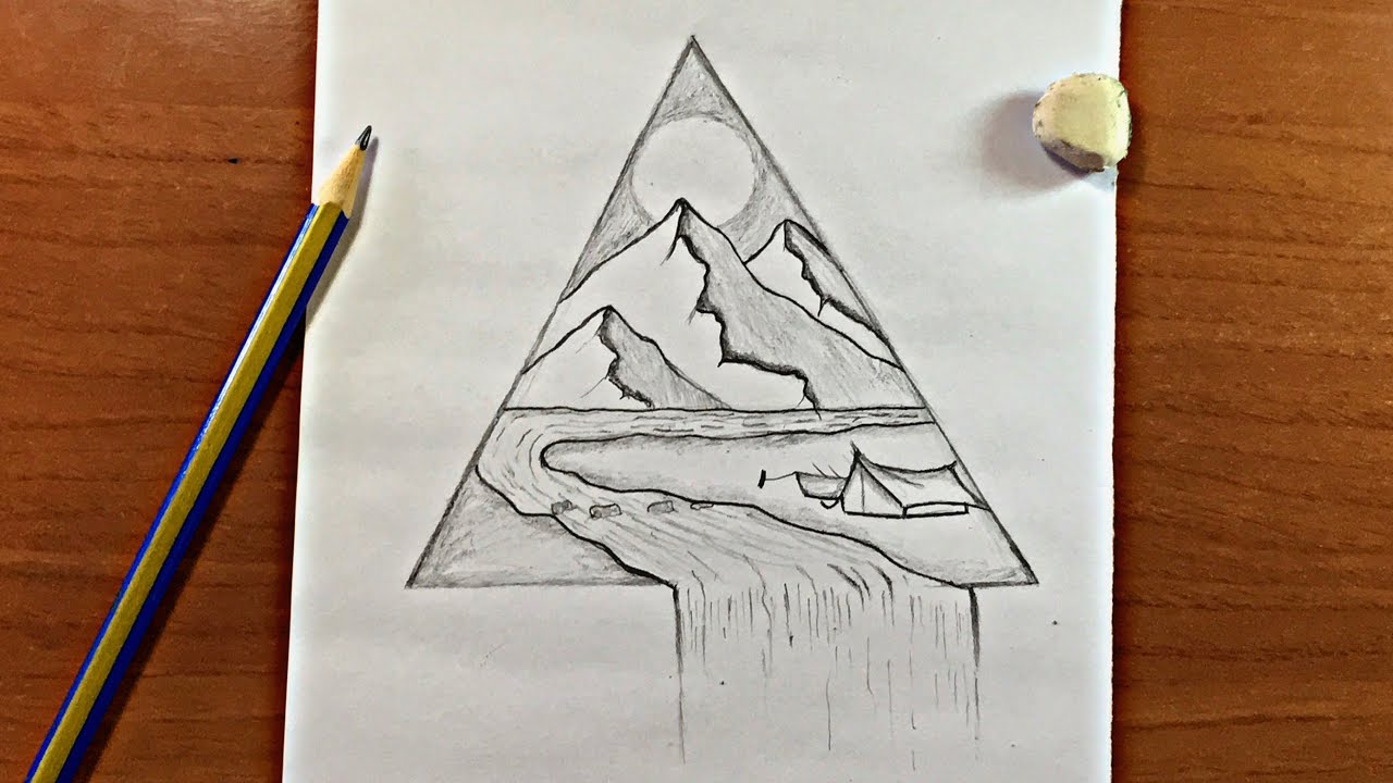 رسم منظر طبيعي سهل | تعلم رسم منظر شلال مع جبال بسهولة وبقلم الرصاص