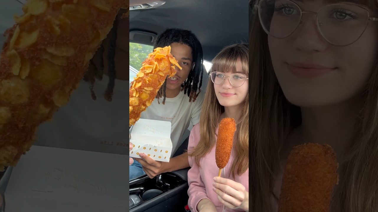Trying korean corn dogs! Whose Order Would You Choose? 🩷💛#foodreview#mochinut#vlog#couple#food