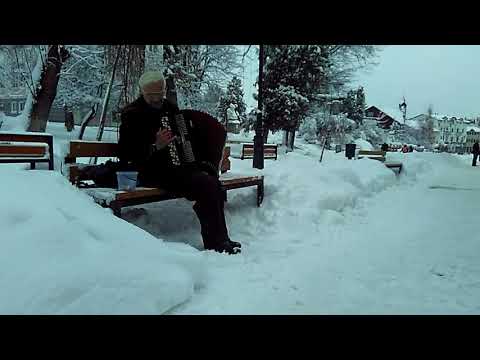 Вуличний музикант у засипаному снігом Трускавці 10 лютого 2018 р.
