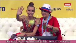 Чемпионат мира 2018. Дина Аверина совершила ошибку(уронила предмет) и получила золотую медаль.