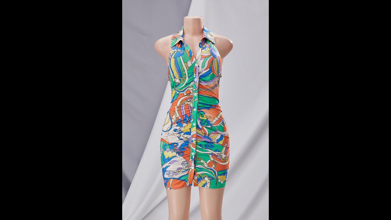 S-2XL plus size summer new stylish stretch digital printing single-breasted halter-neck AA005003