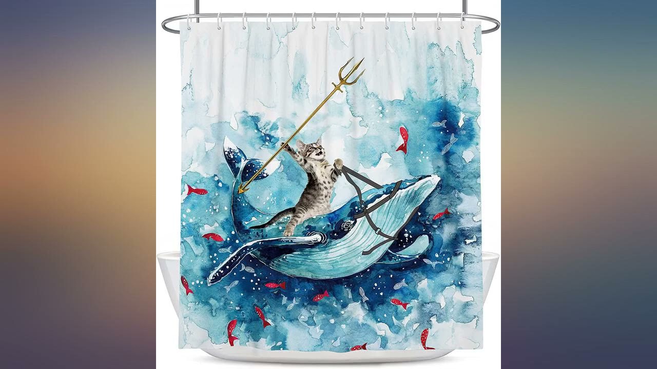 Coxila Funny Cat Shower Curtain 72x84 Inch Cute Animal Cat Riding Whale Ocean Wave review