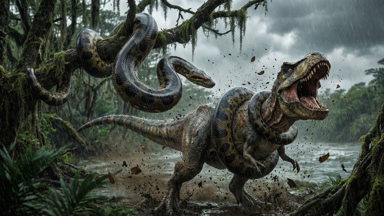 Giant Anaconda vs Young T Rex – Savage Swamp Apex Battle 8K